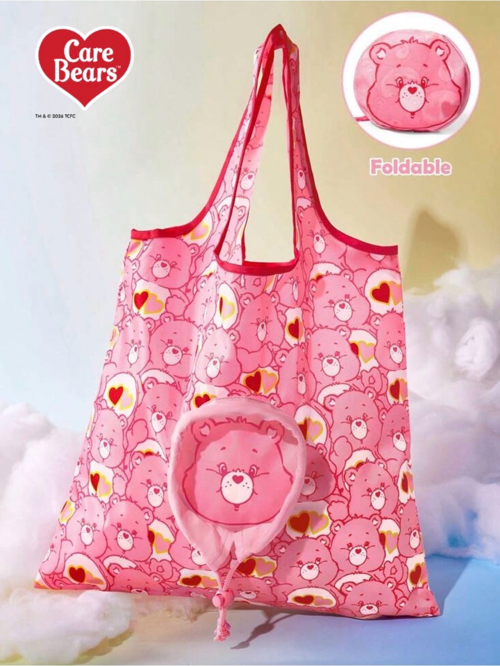 Care Bears Cheer Bear Pink Eco Friendly Reusable Nylon Shopper Tote NEW Easy Fol